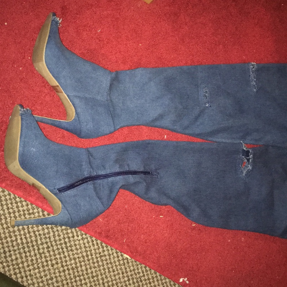 Qupid Denim Peep-toe Over the Knee Boots